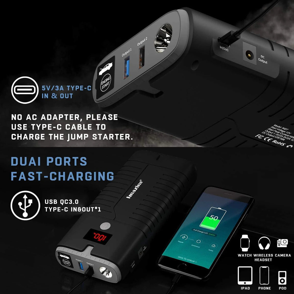 Imazing Portable Car Jump Starter 2000A Peak 18000mAH, 12V Auto Battery Booster Portable Power Pack with LCD Display Jumper Cables, QC 3.0 and LED Light