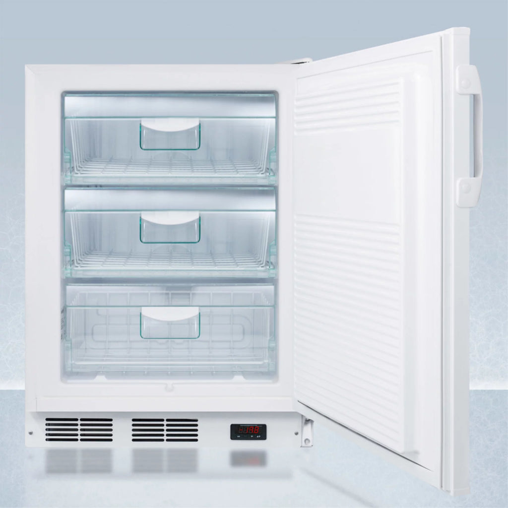 ADA compliant 24 wide all-freezer for built-in commercial use, manual defrost with a traceable thermometer, lock, and -25C capability