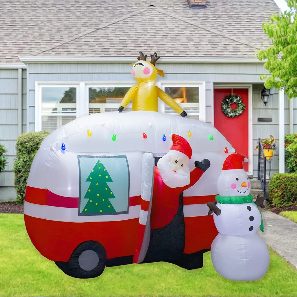 8FT Christmas Inflatable Santa Snowman Camper Inflatables Decoration with LED Lights Outdoor Yard to Blow Up Christmas Car Easter Decorations