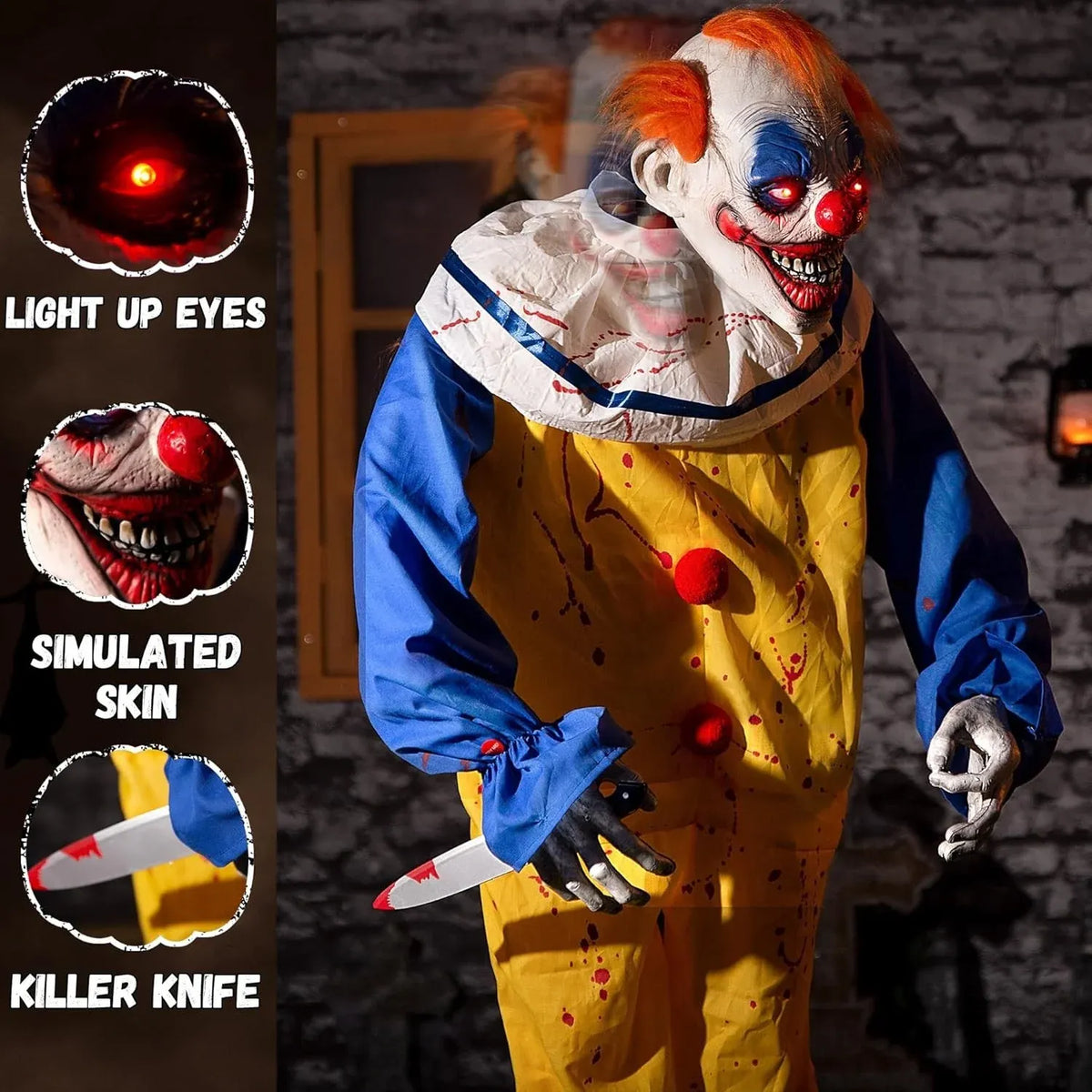 6Ft Animated Killer Clown with Motion, Sound, and Light Up Eyes for Halloween