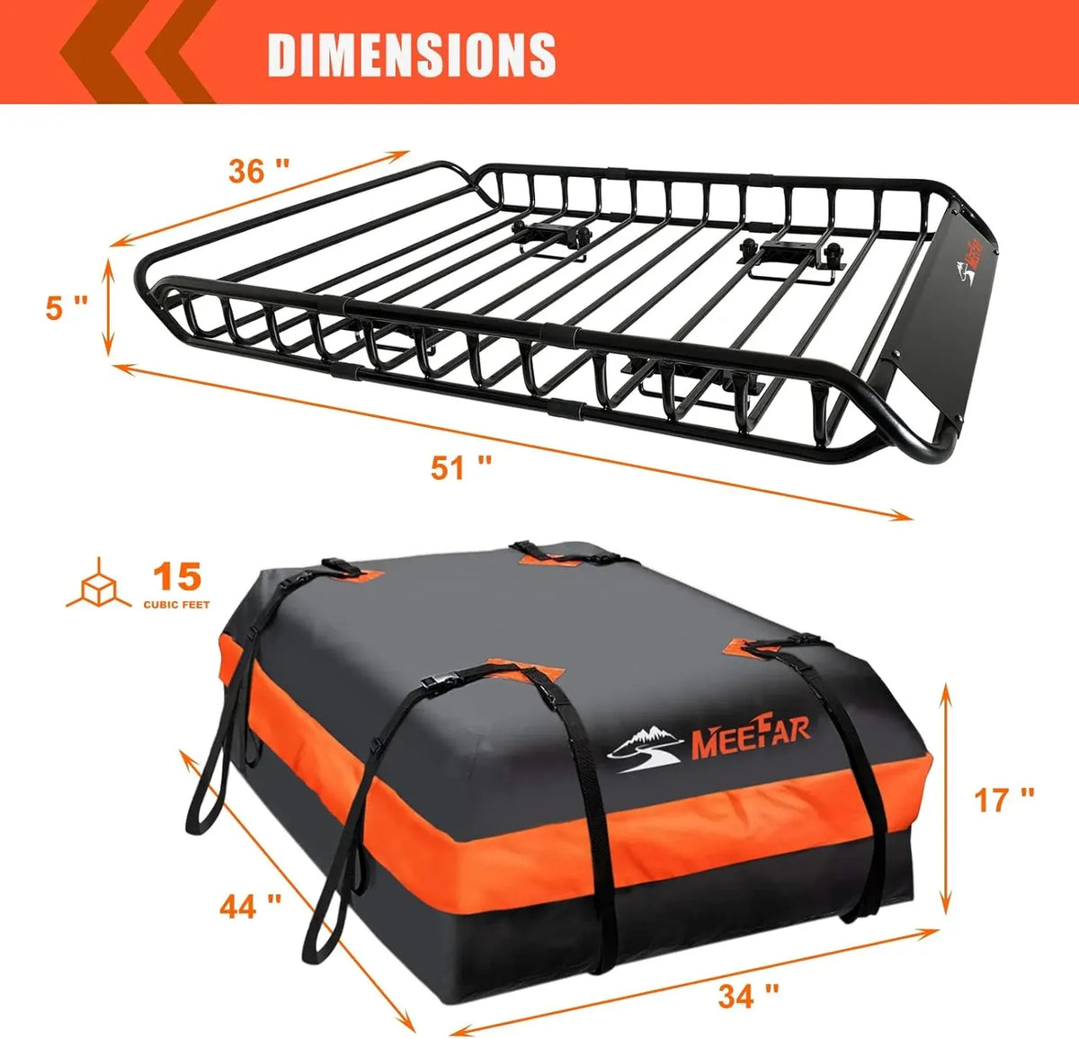 MeeFar Roof Rack Carrier Basket Universal Rooftop 51 X 36 X 5 + Waterproof Bag 15 Cubic Feet (44 34 17), and Cargo Net with Attachment Hooks, Ratchet Straps