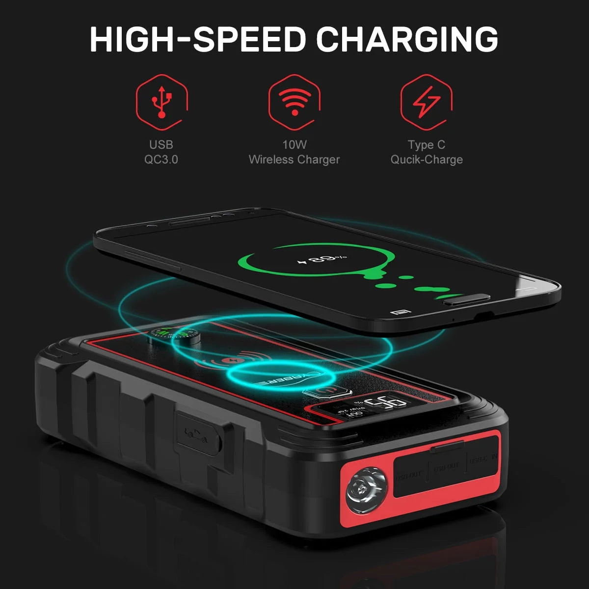 Car Jump Starter 4000A 23800mAh Auto Booster(All Gas or 8.0L Diesel) Wireless Charger YABER
