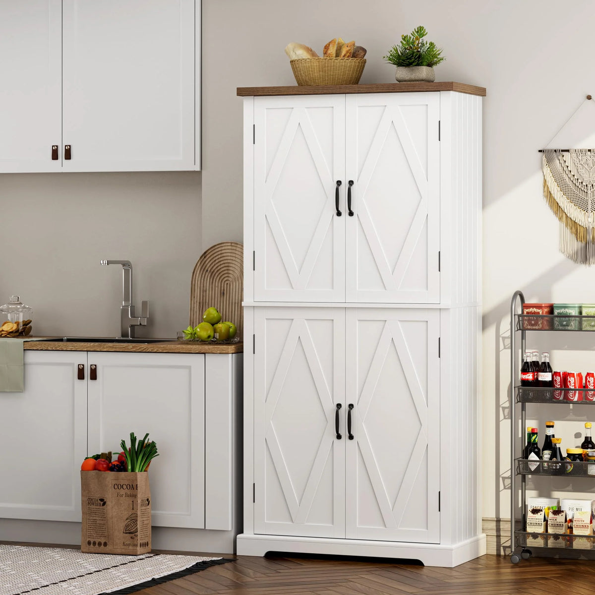 HOSTACK 64 Pantry Cabinet, Tall Kitchen Pantry Storage Cabinet, Modern Farmhouse Bathroom Storage Cabinet, Large Bookcase, 4 Doors|Adjustable Shelves, for Dining Room, Living Room, Home Office, White