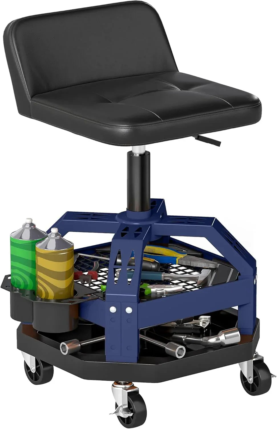 Rolling Mechanic Stool, 31.7-36.4 Height Adjustable Pneumatic Creeper Garage Stool with Dual Storage Trays, 360° Wheels, 300 LBS Capacity, Heavy Duty Roller Seat Padded Shop Chair, Blue