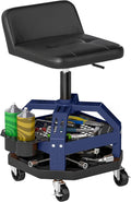 Rolling Mechanic Stool, 31.7-36.4 Height Adjustable Pneumatic Creeper Garage Stool with Dual Storage Trays, 360° Wheels, 300 LBS Capacity, Heavy Duty Roller Seat Padded Shop Chair, Blue