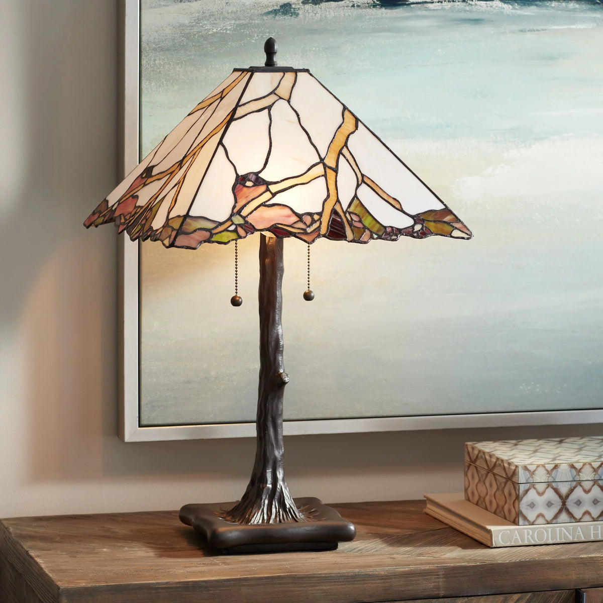 Robert Louis Tiffany Cherry Rustic Table Lamp 26 High Dark Bronze Cherry Blossom Stained Art Glass Shade for Bedroom Living Room Bedside Nightstand
