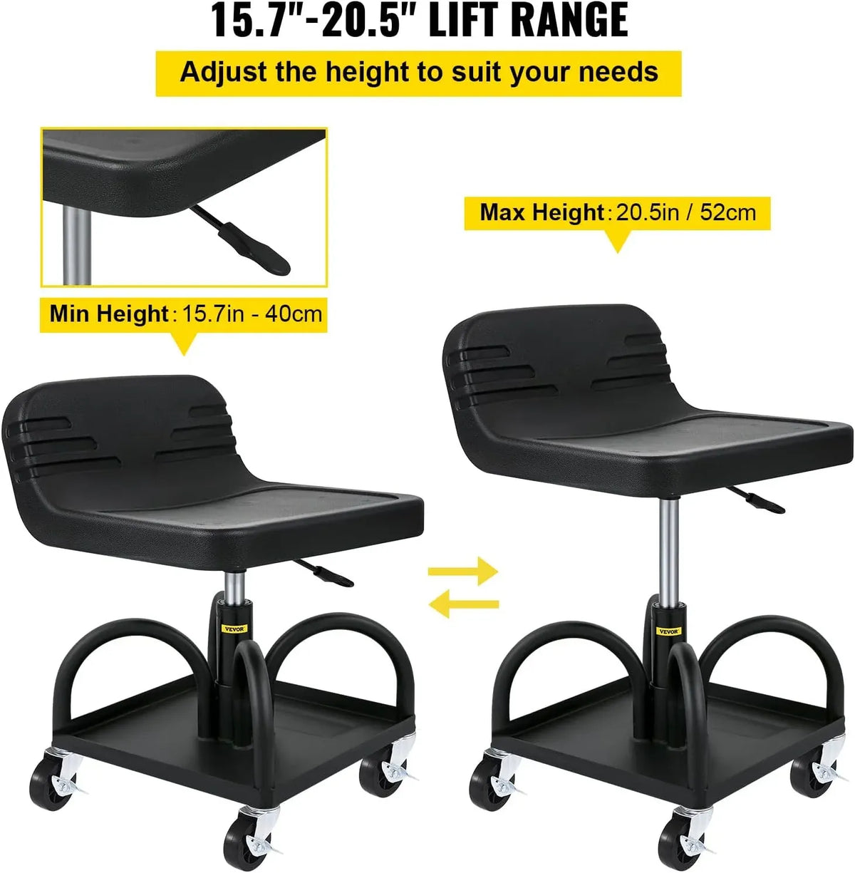 Mobile Rolling Seat, 300LBS Capacity, 15.7 to 20.5 Adjustable Height, Mechanic Rolling Stool with Swivel Wheels and Tool Tray, for Workshop, Auto Repair Shop, Black