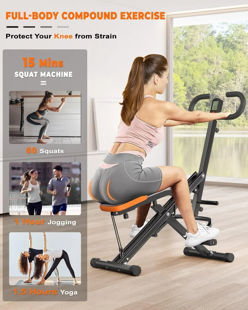 Machine with LCD Monitor, Exercise Equipment for Home 330 Lbs Squat Rowing Machine with Adjustable Resistance Home Workout Machine Leg Glute Trainer for Full Body