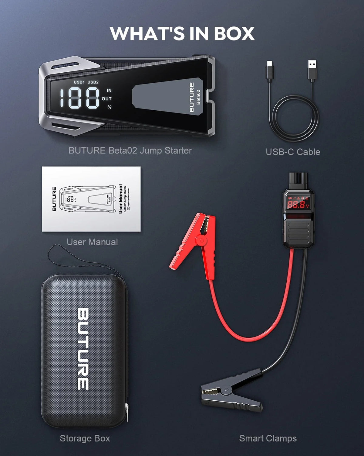 Buture Car Jump Starter Booster 2500A Powerful Safe Portable Car Battery Jump Starter Charger With Large Display Lighting Charging Function