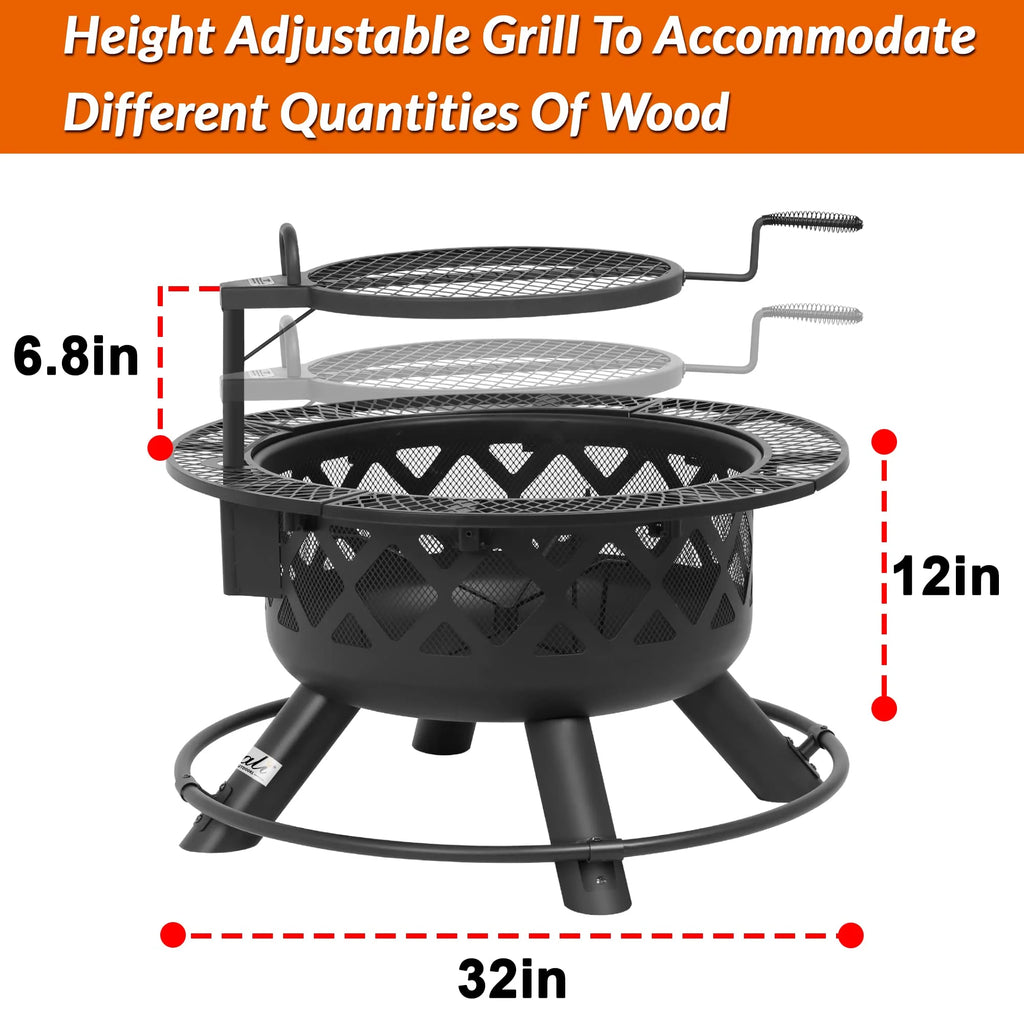 BALI OUTDOORS Wood Burning Fire Pit, 32 Inch Outdoor Backyard Patio Fire Pit with 18.7 Inch Cooking Grill Grate, Black