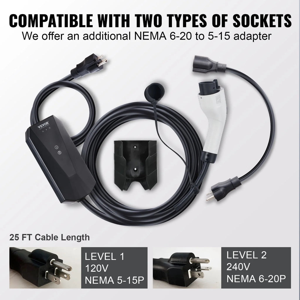 BENTISM Level 1&2 Portable EV Charger (AC 120V, 16A) EV Car Charging Cable, IP66, NEMA 6-20P/5-15P 28 ft for Universal SAE J1772