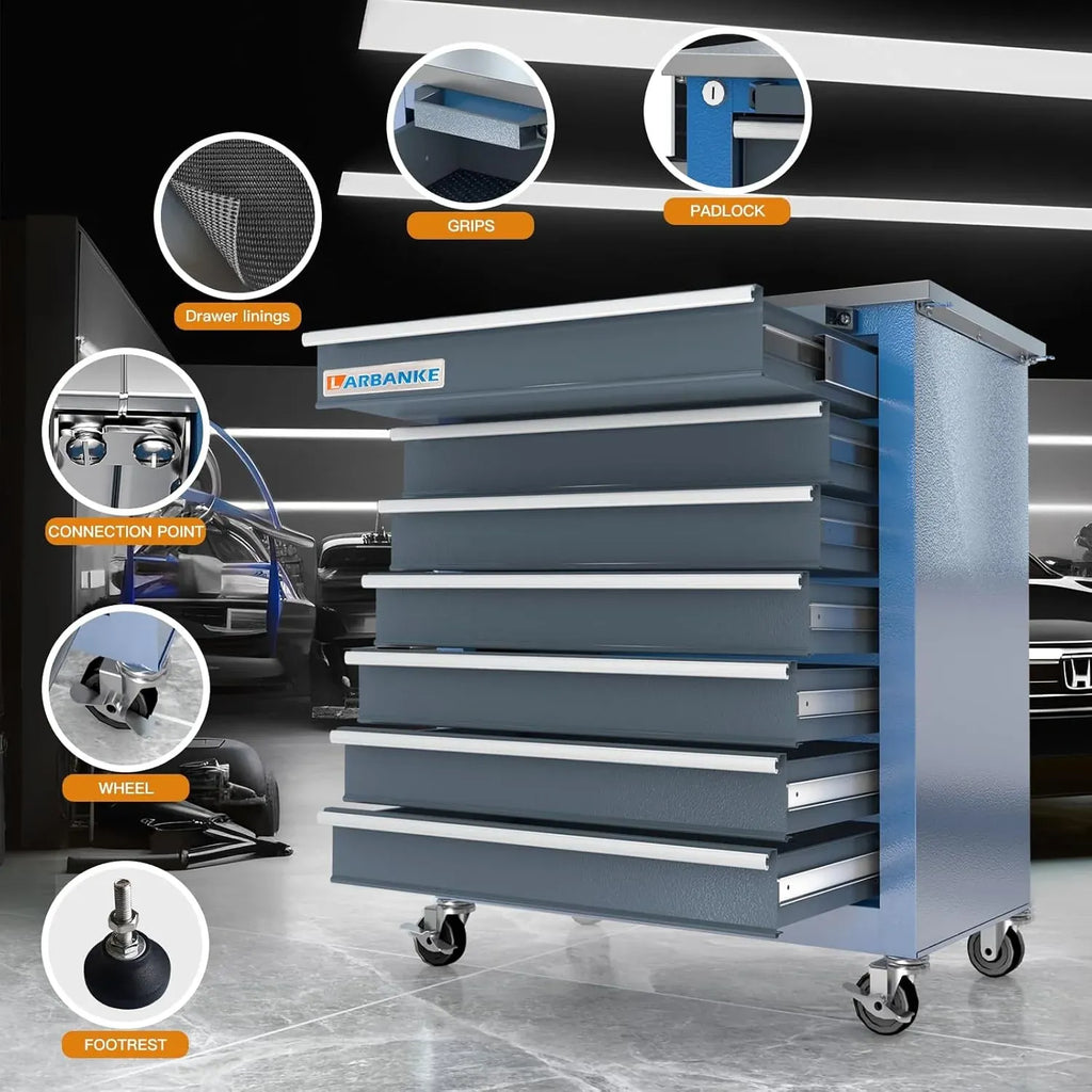 Combination Tool Cabinet and Chest - 7+5 Drawer Tool Chest for Connected Use, Rolling with 360 Brake Wheels and Padded Feet, Blue