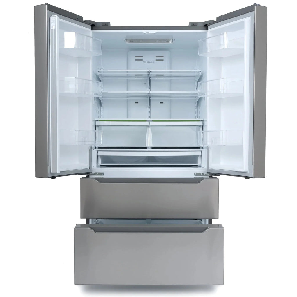 Cosmo 4 Piece Kitchen Appliance Packages with 30 Freestanding Electric Range 30 Wall Mount Hood 24 Built-in Integrated Dishwasher & French Door Refrigerator Kitchen Appliance Bundles