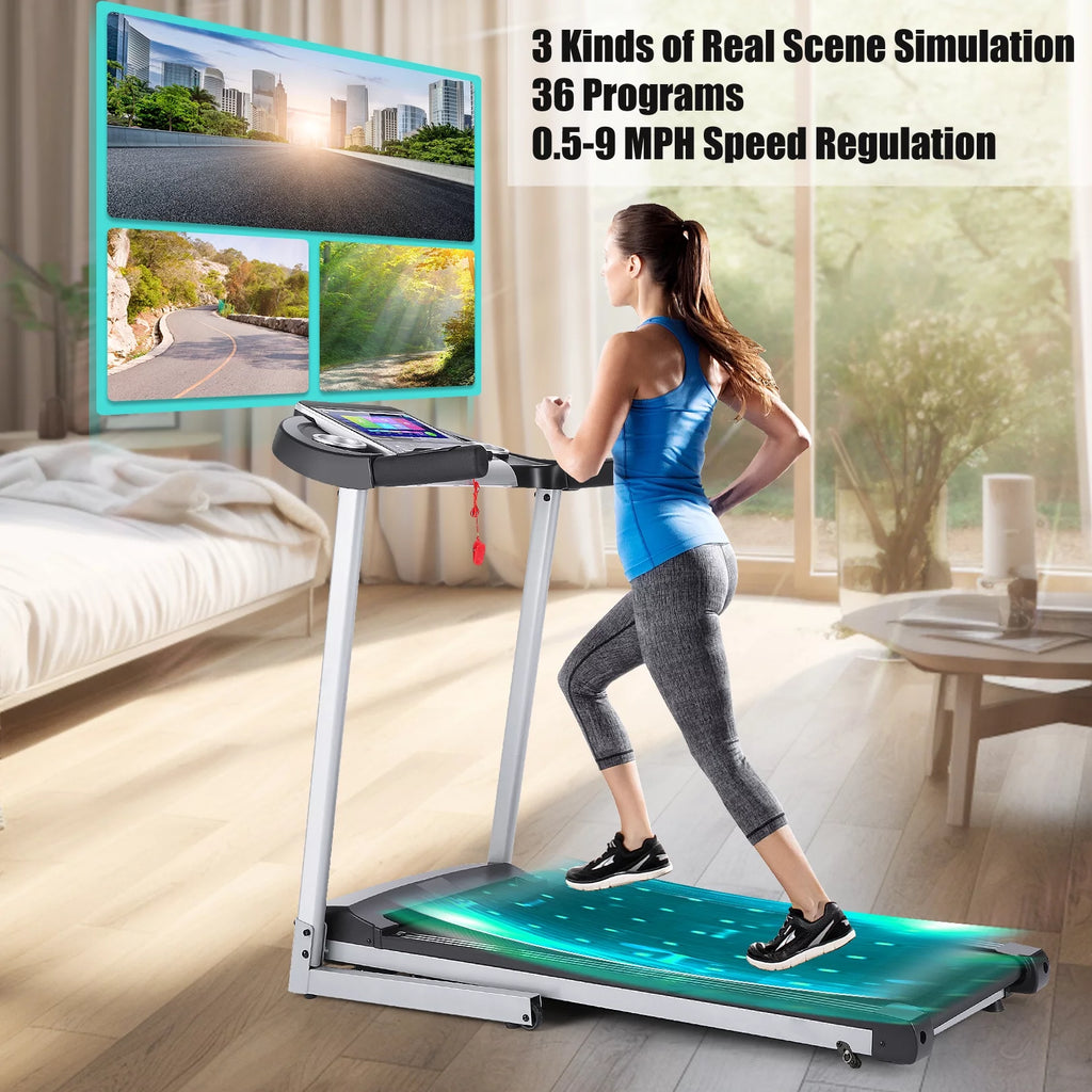 Home Treadmill--Treadmill with 10 HD TV Movie Touchscreen and 3D Virtual Sports Scene, Folding Treadmill with WiFi Connection, Speaker, Wide Belt, Youtube（Silver）