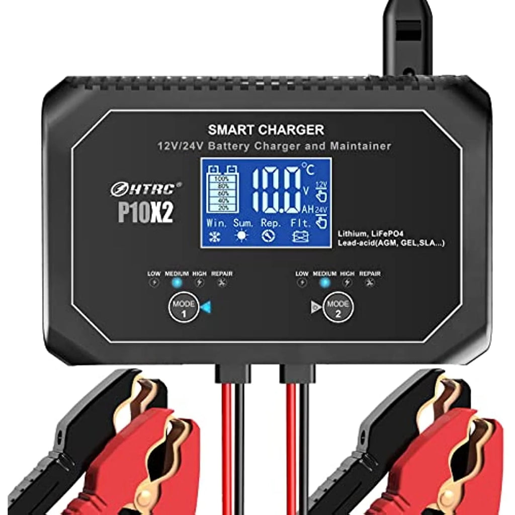 HTRC 20-Amp (10-Amp Per Bank) Dual Smart Charger,Car Battery Charger,12V and 24V,Lithium,LiFePO4,Lead-Acid(AGM/Gel/SLA..),Trickle Charger, Maintainer/deep Cycle Charger,for Boat,Motorcycle..
