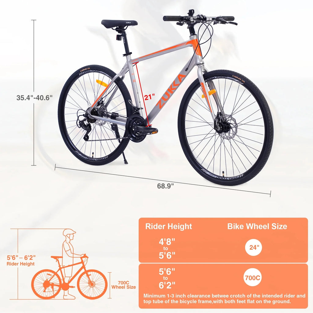 28 inch Hybrid Bike Men, Road Bike with Shimano 21 Speed, 700C Wheels, Comfort Adult Bicycle with Dual Disc Brake, 21'' Lightweight Aluminium Frame, Suggested Rider 5'6 to 6'2 Tall- Silver+Orange