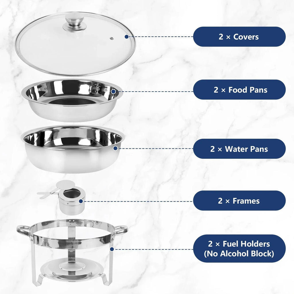 IMACONE 5QT Chafing Dish Buffet Set 2-Pack with Glass Lid, Stainless Steel Round Chafer Set for Catering