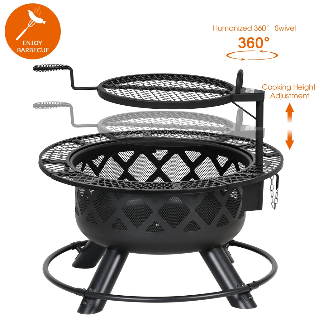 BALI OUTDOORS Wood Burning Fire Pit, 32 Inch Outdoor Backyard Patio Fire Pit with 18.7 Inch Cooking Grill Grate, Black