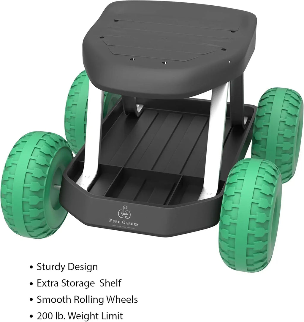 Pure Garden 82-VY021 Cart Rolling Stool with Wheels Seat, and Tool Tray for Weeding, Planting, or Lawn Care – Gardening Accessories and Supplies, 17.5x19, Green/Black