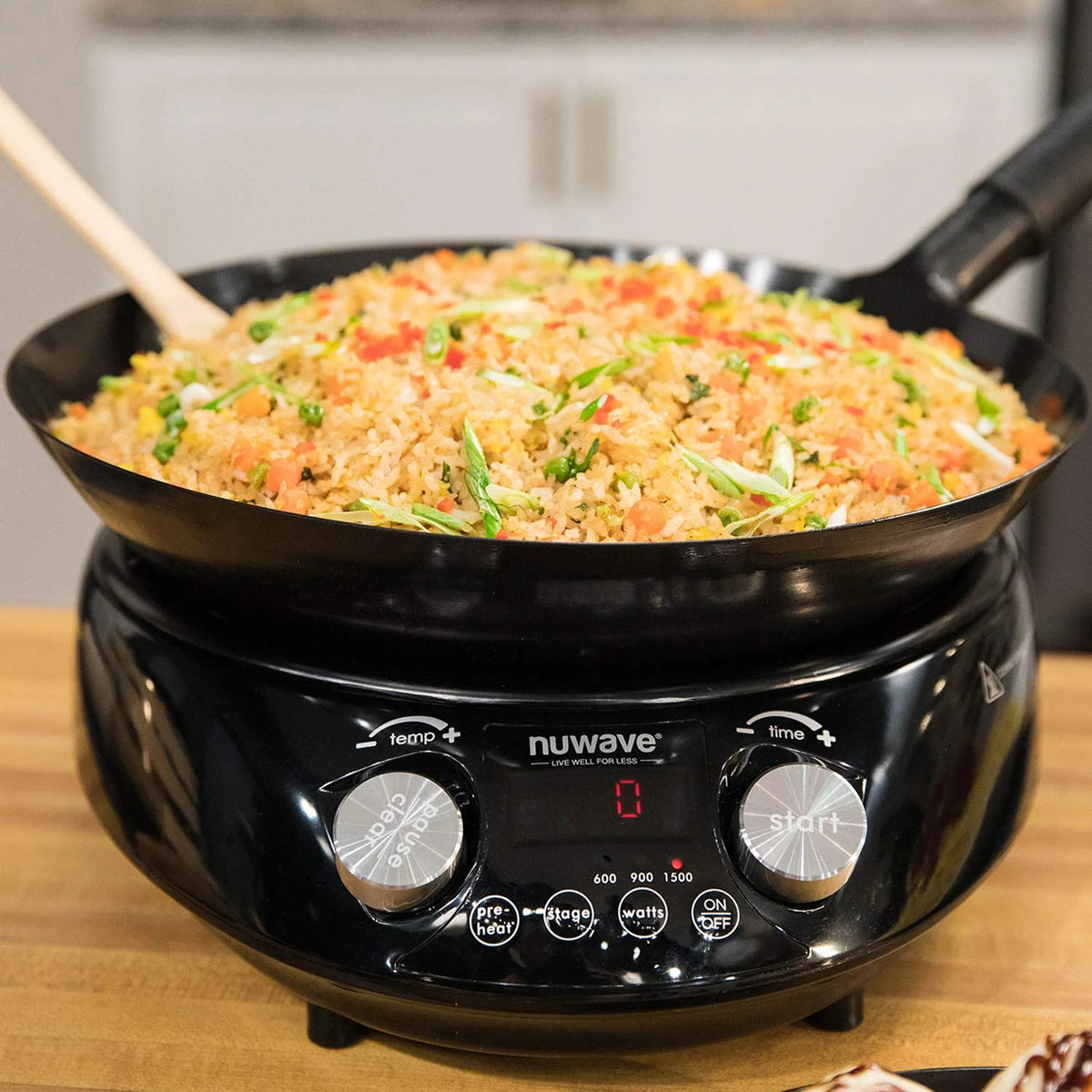 Nuwave Mosaic Induction Wok, Precise Temp Controls from 100u00b0F to 575u00b0F in 5u00b0F, Wok Hei, Infuse Complex Charred Aroma & Flavor, 3 Watts 600, 900 & 1500, Authentic 14-inch Carbon Steel Wok Included