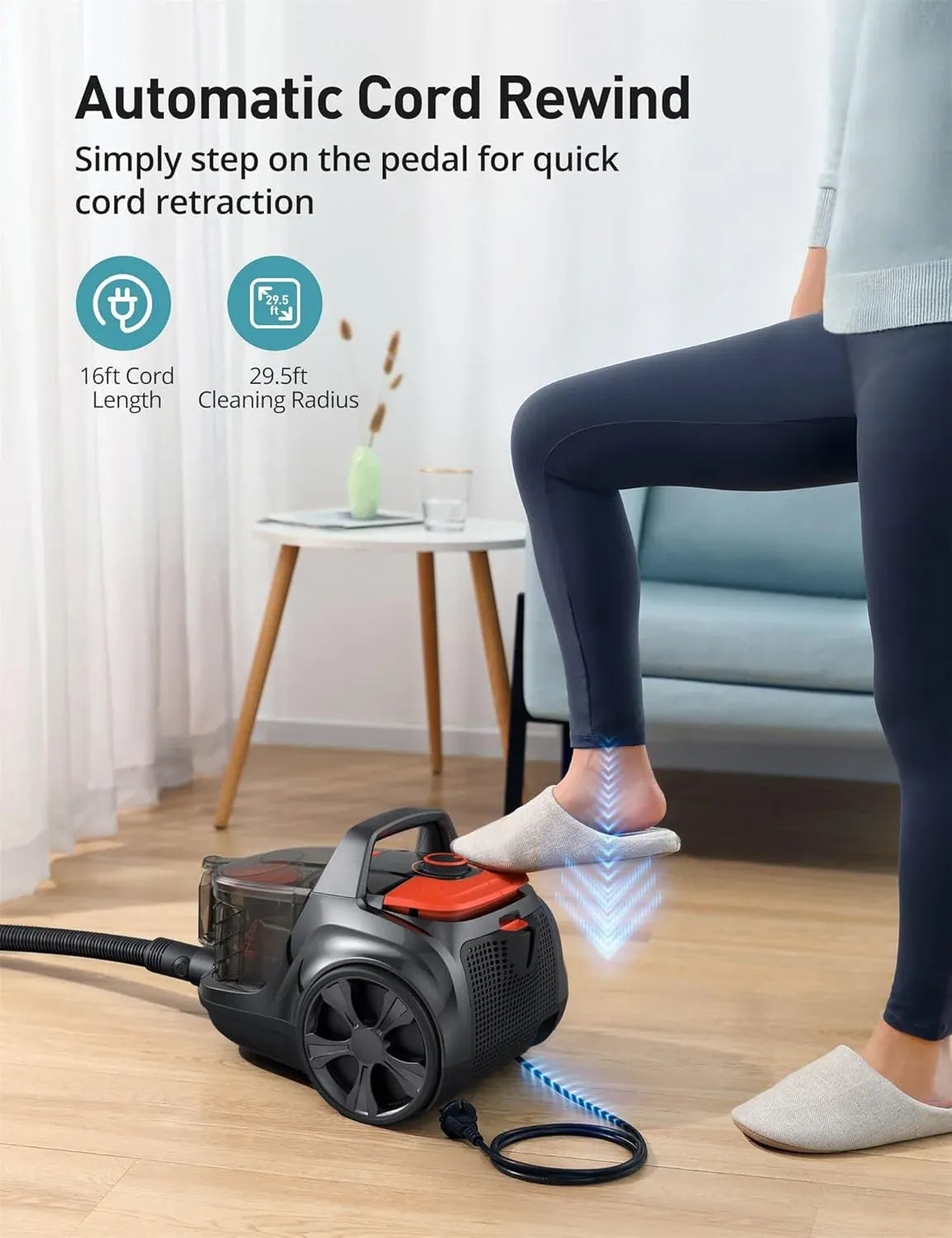 Orgtoy 24Kpa Canister Vacuum Cleaner, 1200W Bagless Canister Vacuum with 2 HEPA Filters, 5 Brushes, Automatic Cord Rewind, Variable Speed for Hard Floors, Hardwood, Cars, 3.5L, Black