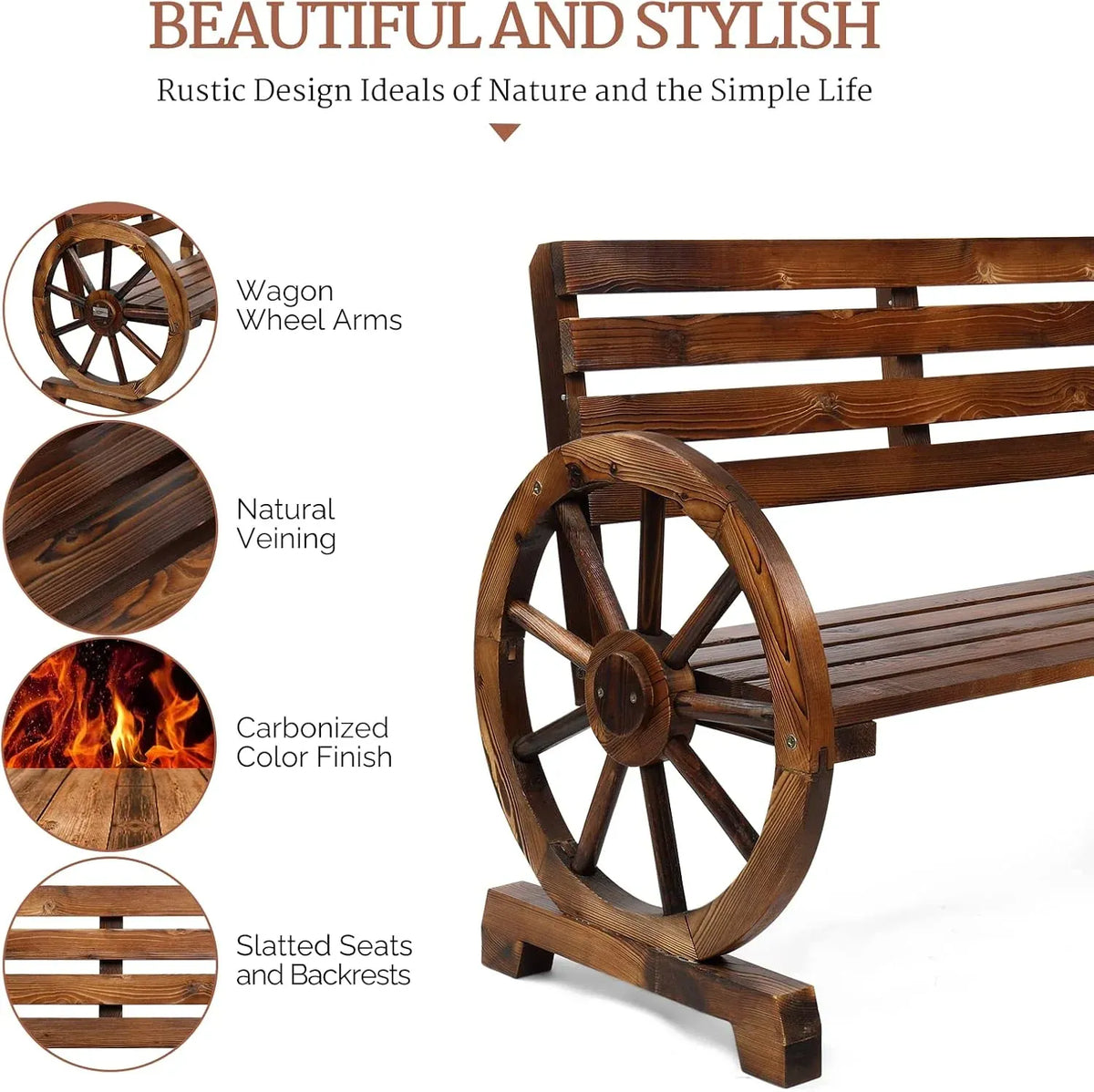 VINGLI 41 Rustic Wooden Wheel Bench Outdoor Bench, 2-Person Patio Bench Wagon Slatted Seat, Garden Benches for Outdoors 350lbs High Capacity, Weather Resistance