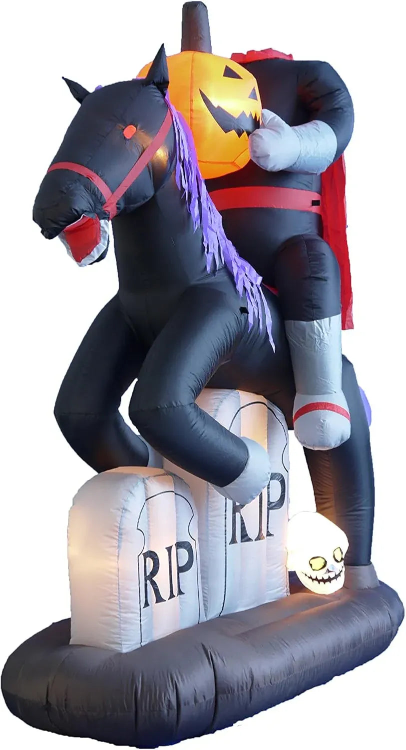 6.5 Foot Tall Lighted Halloween Inflatable Headless Horseman with Horse Tombstones Skull and Pumpkin Lights