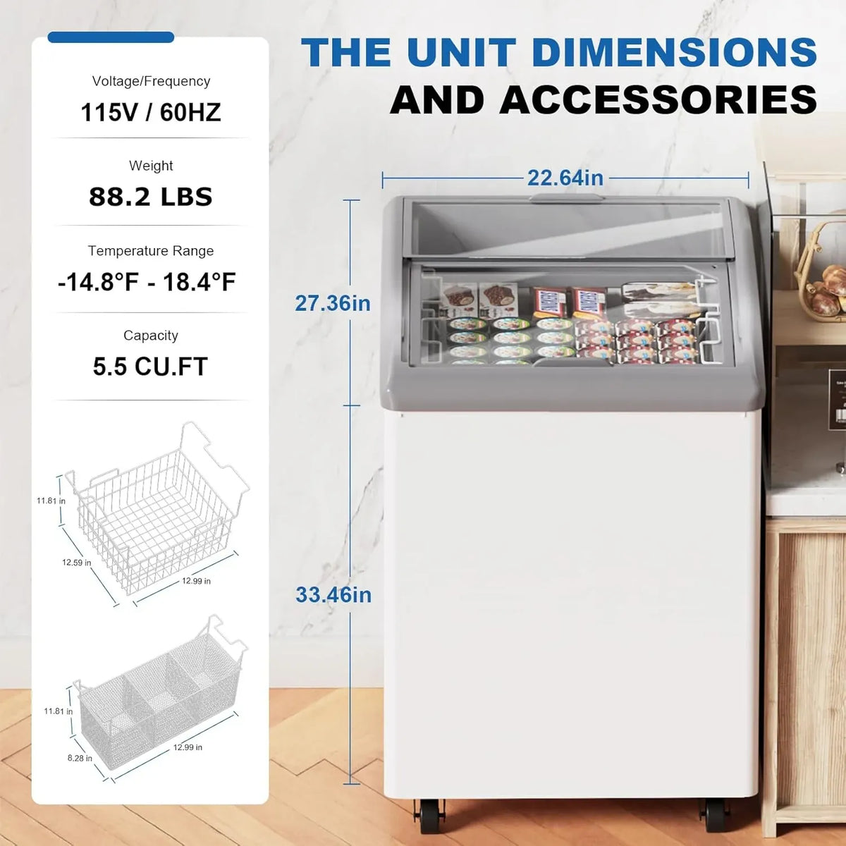 Commercial Ice Cream Freezer 5.5 Cu.Ft Display Case Commercial Freezer with 2 Removable Wire Baskets and 2 Sliding Glass Door for Shop, White