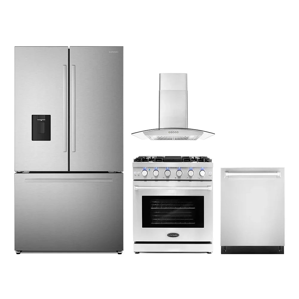 4 Piece Kitchen Package with 30 Freestanding Gas Range 30 Wall Mount Range Hood 24 Built-in Fully Integrated Dishwasher & French Door Refrigerator