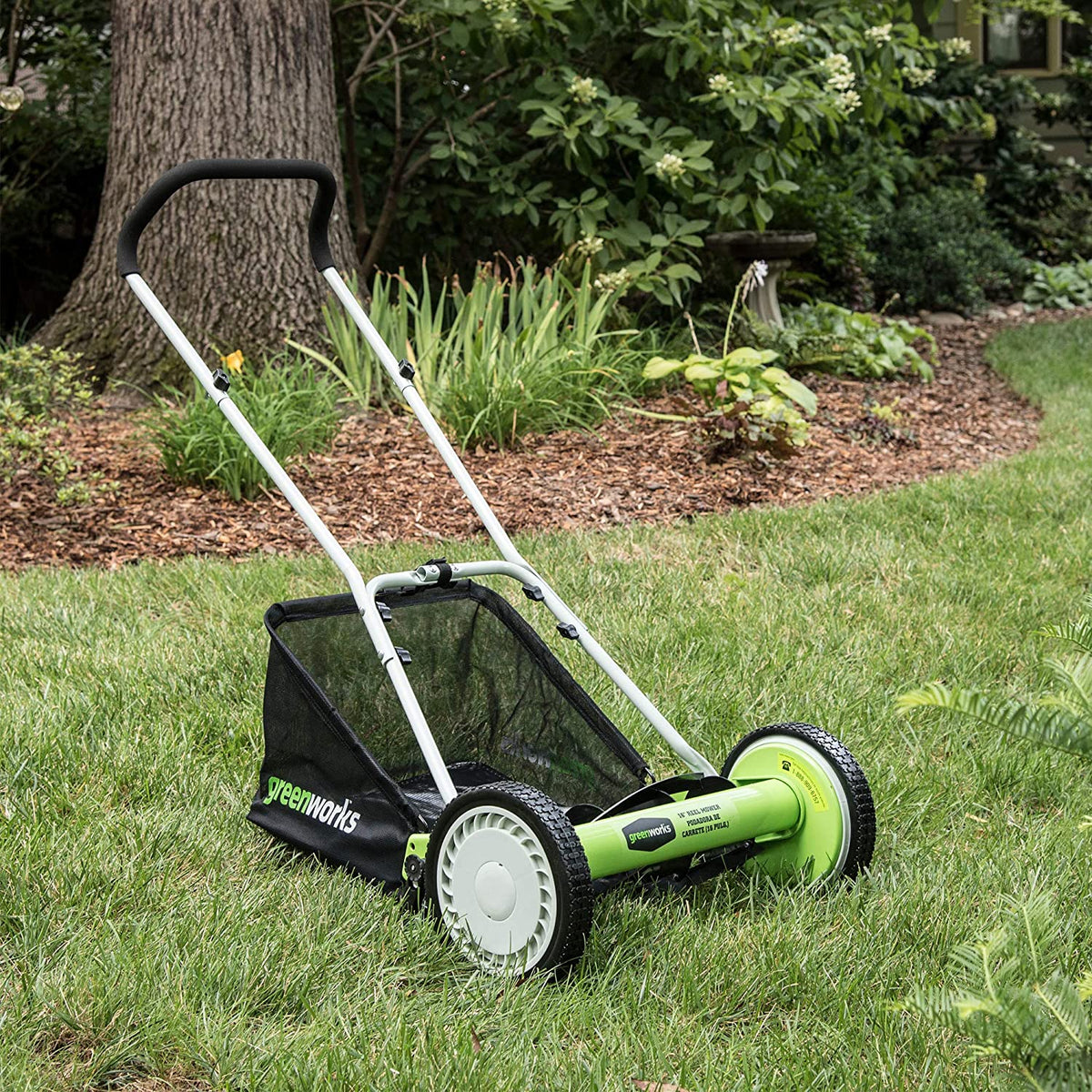 Greenworks 16-Inch Reel Lawn Mower with Grass Catcher 25052，Black/Green， 47D x 22W x 29.75H💝 Last Day For Clearance
