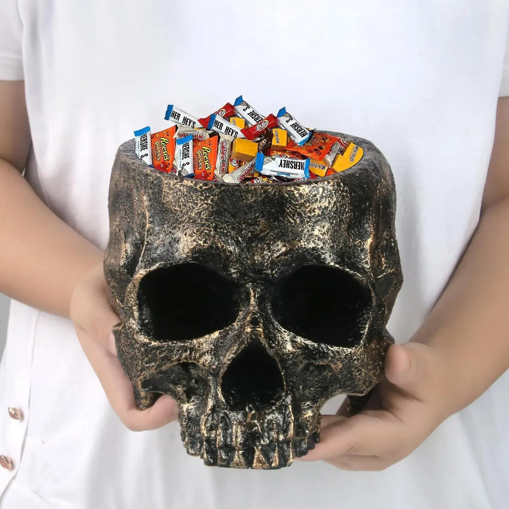7lb Capacity Extra Large Halloween Skull Candy Dish - Deep Skull Head Halloween Candy Bowl Holder Artificial Resin Skulls Decor Indoor Outdoor Table Centerpieces Flower Pot Plant Office Pen Holder