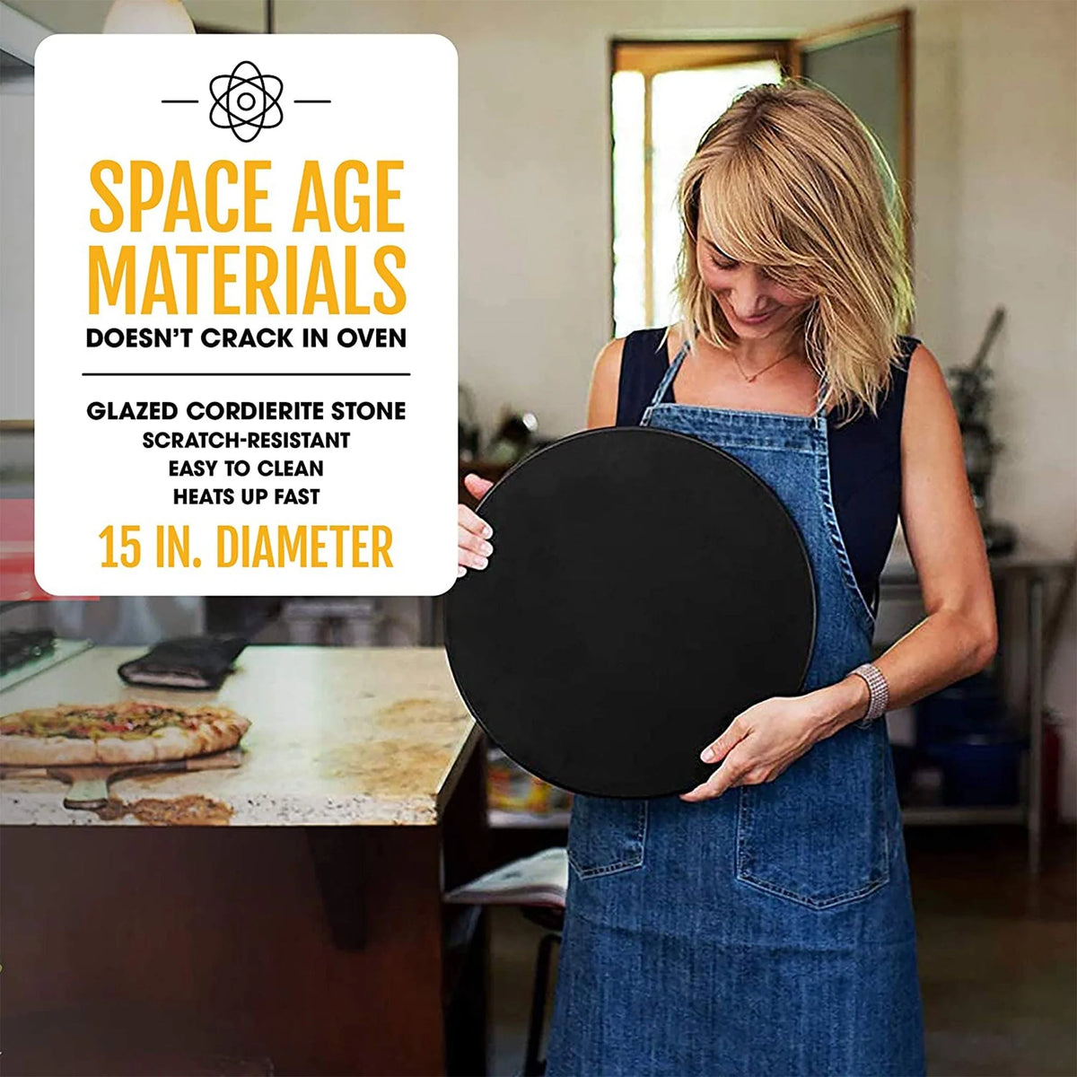 Heritage Products 15 Round Ceramic Non Stick Pizza Stone w/Wheel Cutter, Black