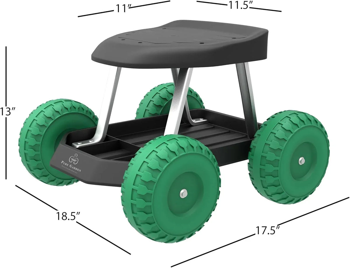 Pure Garden 82-VY021 Cart Rolling Stool with Wheels Seat, and Tool Tray for Weeding, Planting, or Lawn Care – Gardening Accessories and Supplies, 17.5x19, Green/Black