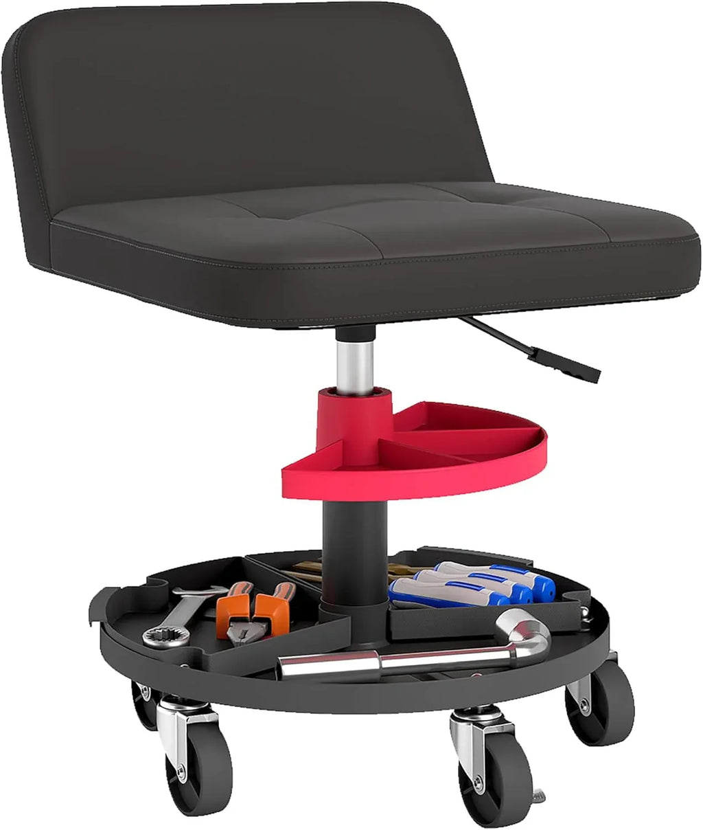Rolling Mechanic Stool, 300 LBS Capacity Pneumatic Creeper Garage Stool with 360° Wheels, Backrest, Heavy Duty Roller Seat Padded Shop Chair with Tool Tray Storage, Adjustable Height, Black