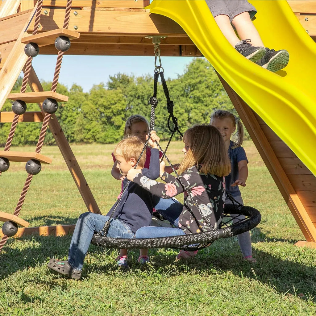 Backyard Discovery Endeavor Cedar Wood Swing Set with Wave Slide, Play Deck, Double Rock Wall, Rope Ladder, Climbing Wall, Belt Swings, 40-Inch Web Swing, Step Ladder, Toy Telescope, Outdoor Playset