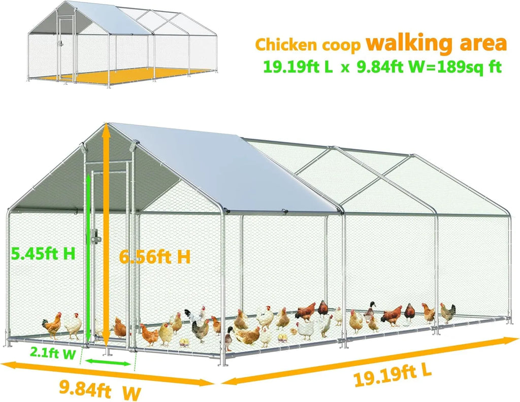 Large Metal Chicken Coop, Chicken Runs for Yard with Cover Walk-in Poultry Cage for 10 20 Chickens, Chicken Pen Duck Coop Hen House with Water-Resident Top and Feeding Door 19.2Lx9.84Wx6.6H FT