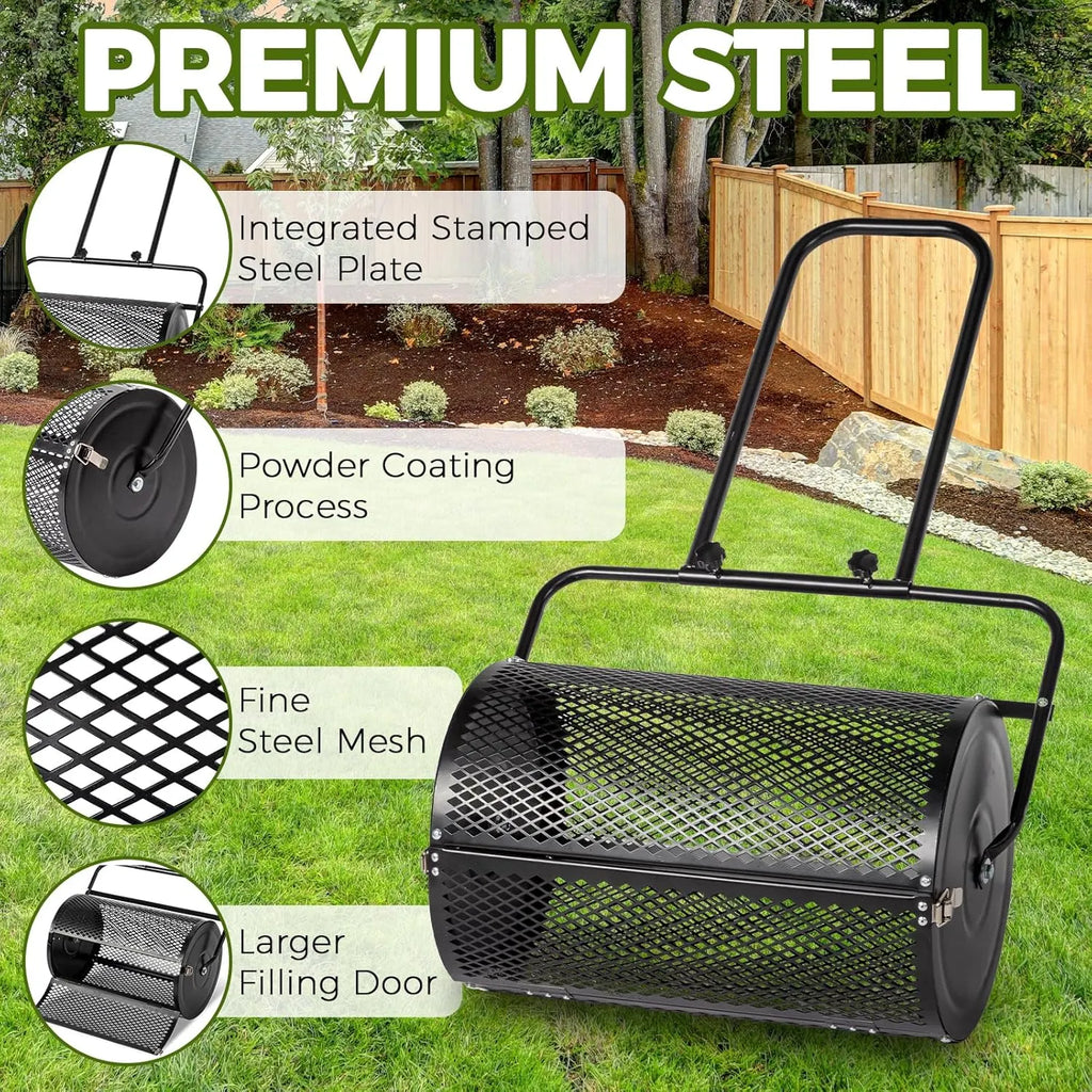 Compost Spreader and Peat Moss Spreader, 24 Push/Tow-Behind Roller Lawn Spreader with Steel Mesh Basket Garden Spreader for Spreading Manure Mulch Topsoil
