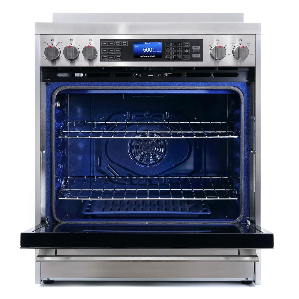 Cosmo 4 Piece Kitchen Appliance Packages with 30 Freestanding Electric Range 30 Wall Mount Hood 24 Built-in Integrated Dishwasher & French Door Refrigerator Kitchen Appliance Bundles