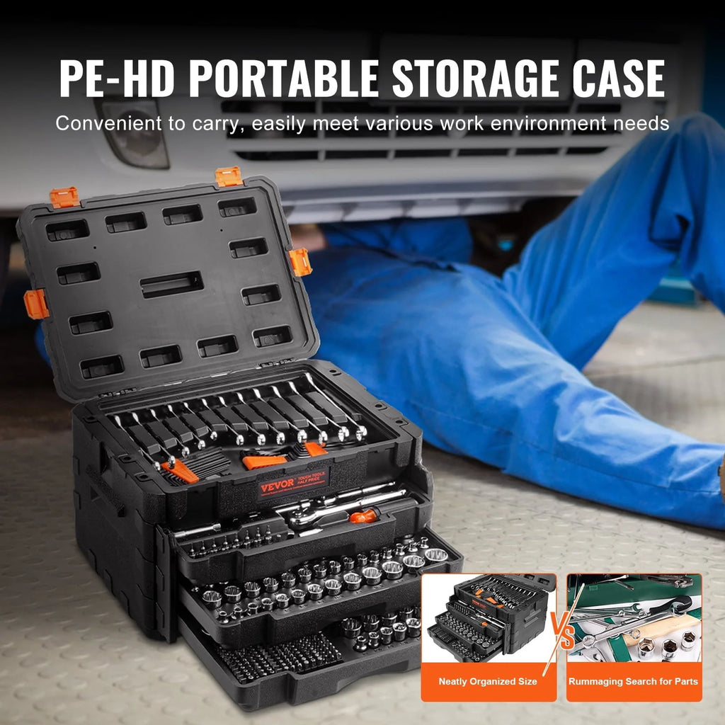 SKYSHALO Mechanic Tool Socket Set 1/2, 3/8 and 1/4 inch Drive SAE & Metric Size, 450 Piece with Tool Box Storage Case for for Home, Household, Garage, Bike, Car Trunk, Automotive, Mechanic Projects