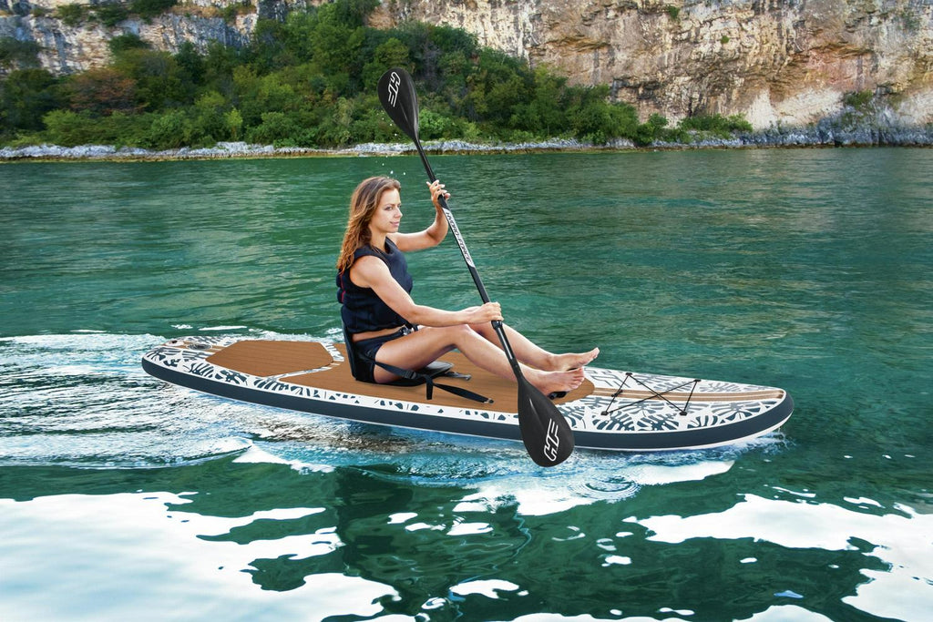 Hydro-Force Oceana 10 Ft. Inflatable Convertible Stand-up Paddle Board and Sit-on Kayak Set， Wood and Palm Print