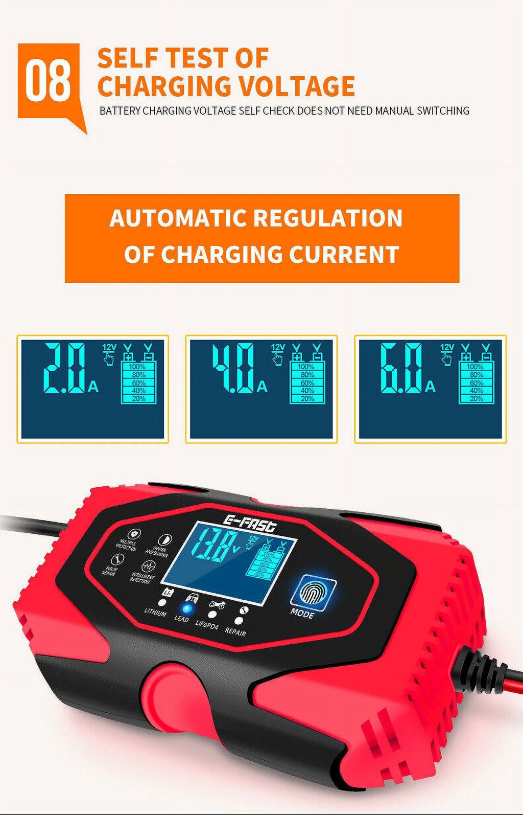 Car Battery Charger Smart Automatic 12V/24V Lead-acid AGM GEL& Lithium LiFePO4