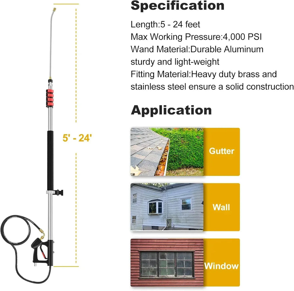 24 FT Pressure Washer Telescoping Wand, Pressure Washer Extension Wands, Professi Power Washer Gutter Cleaner with 5 Spray Nozzle Tips, 2 Hose Adapters and Support Belt (Silver, 24FT)