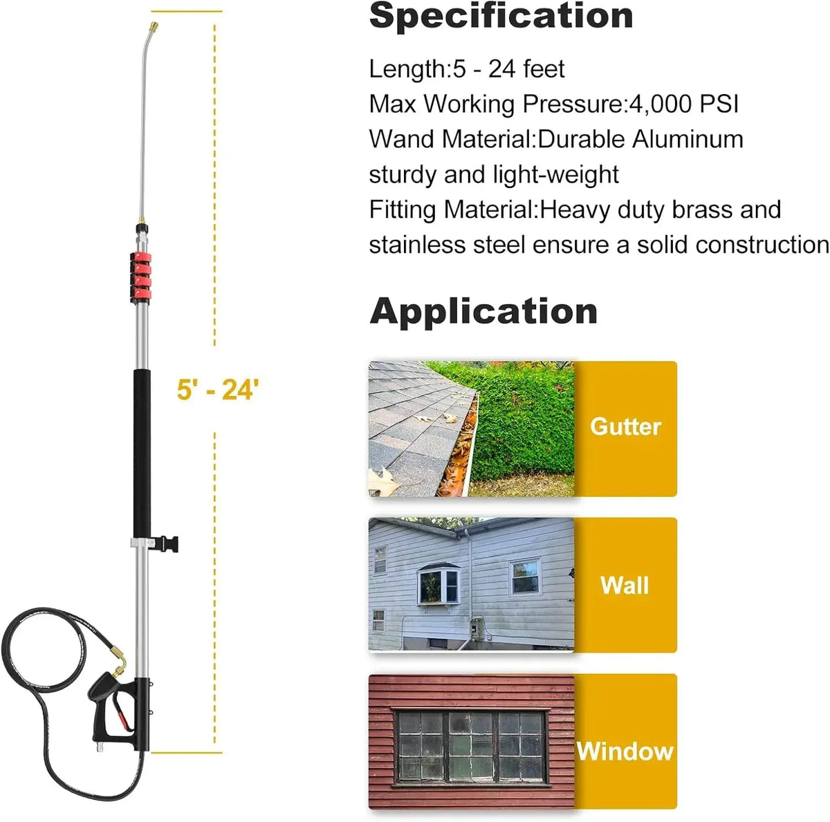 24 FT Pressure Washer Telescoping Wand, Pressure Washer Extension Wands, Professi Power Washer Gutter Cleaner with 5 Spray Nozzle Tips, 2 Hose Adapters and Support Belt (Silver, 24FT)