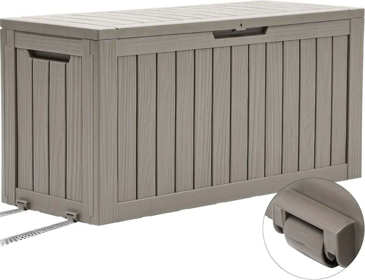 120 Gallon Outdoor Storage Deck Box with Cushion, Large Resin Patio Storage for Outdoor Pillows, Garden Tools and Pool-Supplies, Waterproof, Lockable (Taupe)