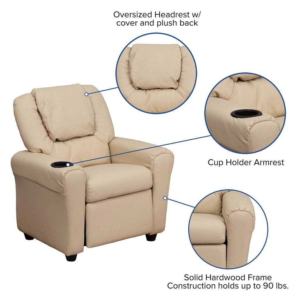 EMMA + OLIVER Beige Vinyl Kids Recliner with Cup Holder and Headrest
