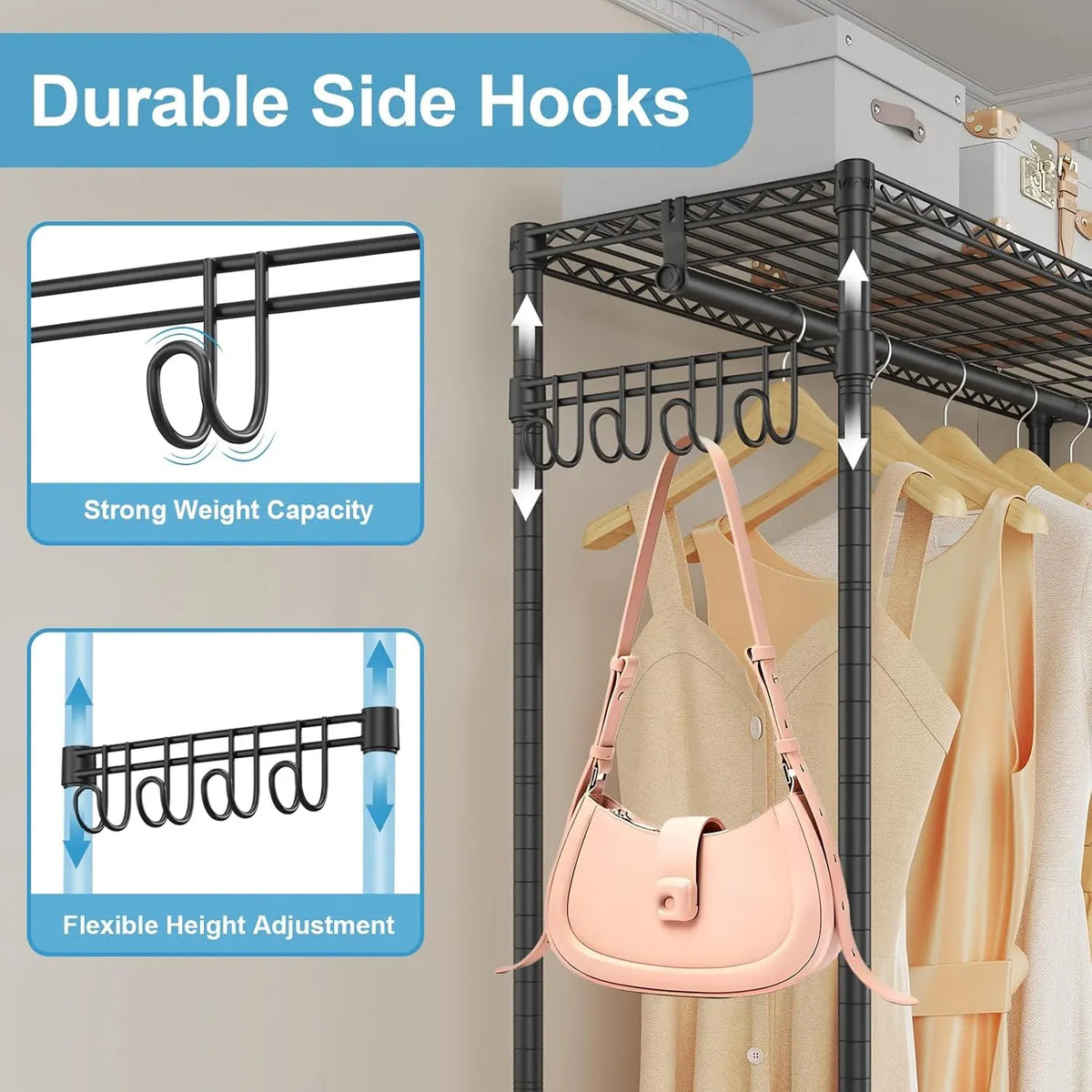 R2 Plus Heavy Duty Rolling Garment Rack 3 Tiers Adjustable Wire Shelving Clothes Rack with Double Rods and Side Hooks, Freestanding Wardrobe Storage Rack Metal Clothing Rack, Black