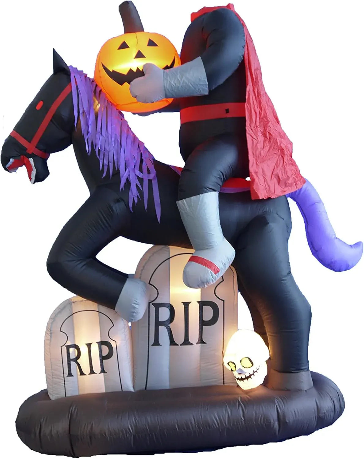 6.5 Foot Tall Lighted Halloween Inflatable Headless Horseman with Horse Tombstones Skull and Pumpkin Lights