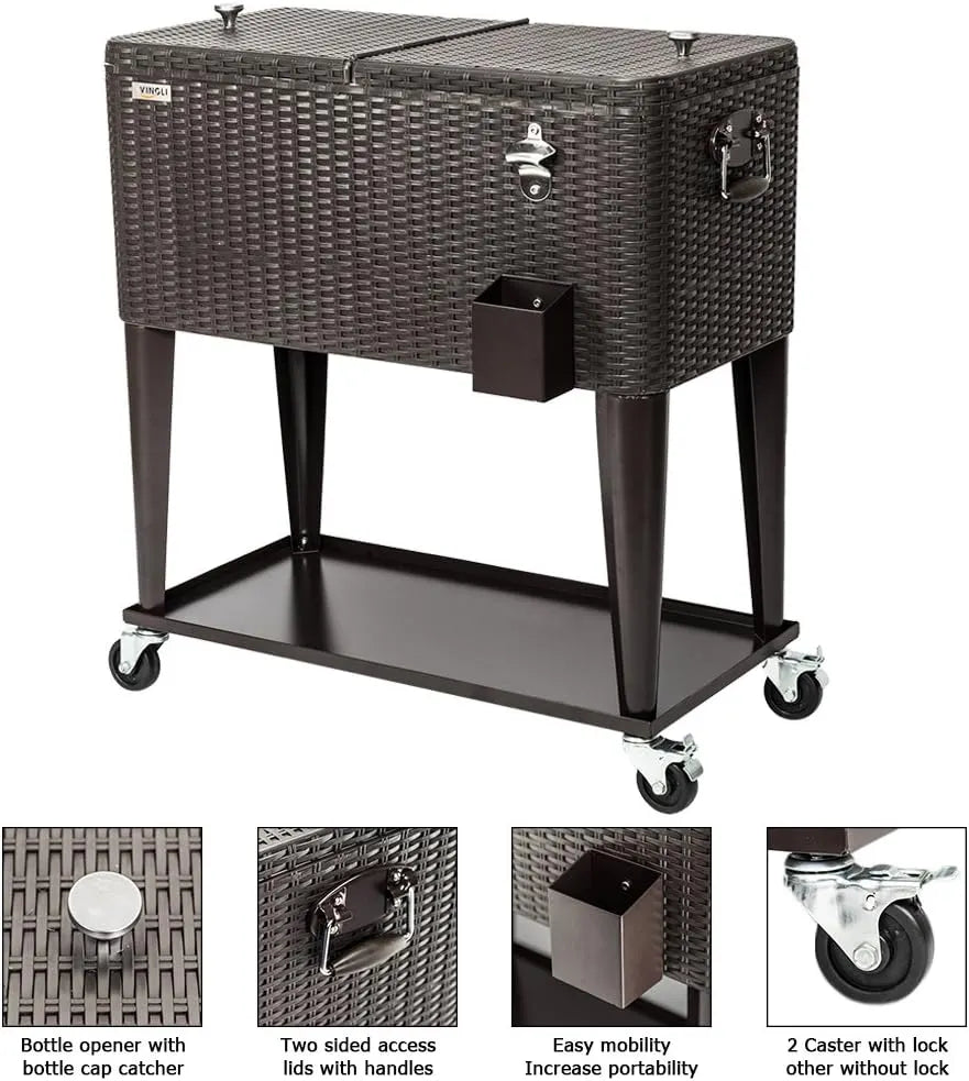 VINGLI 80 Quart Rolling Ice Chest on Wheels, Portable Patio Party Bar Drink Cooler Cart, Wicker PP Rattan with Shelf, Beverage Pool with Bottle Opener