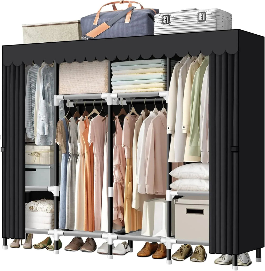 Portable Closet, 67 Inch Wardrobe Closet for Hanging Clothes with 4 Hanging Rods, 25mm Steel Tube Clothes Storage Organizer for Extra Sturdy, Quick and Easy to Assembly, Gray Cover