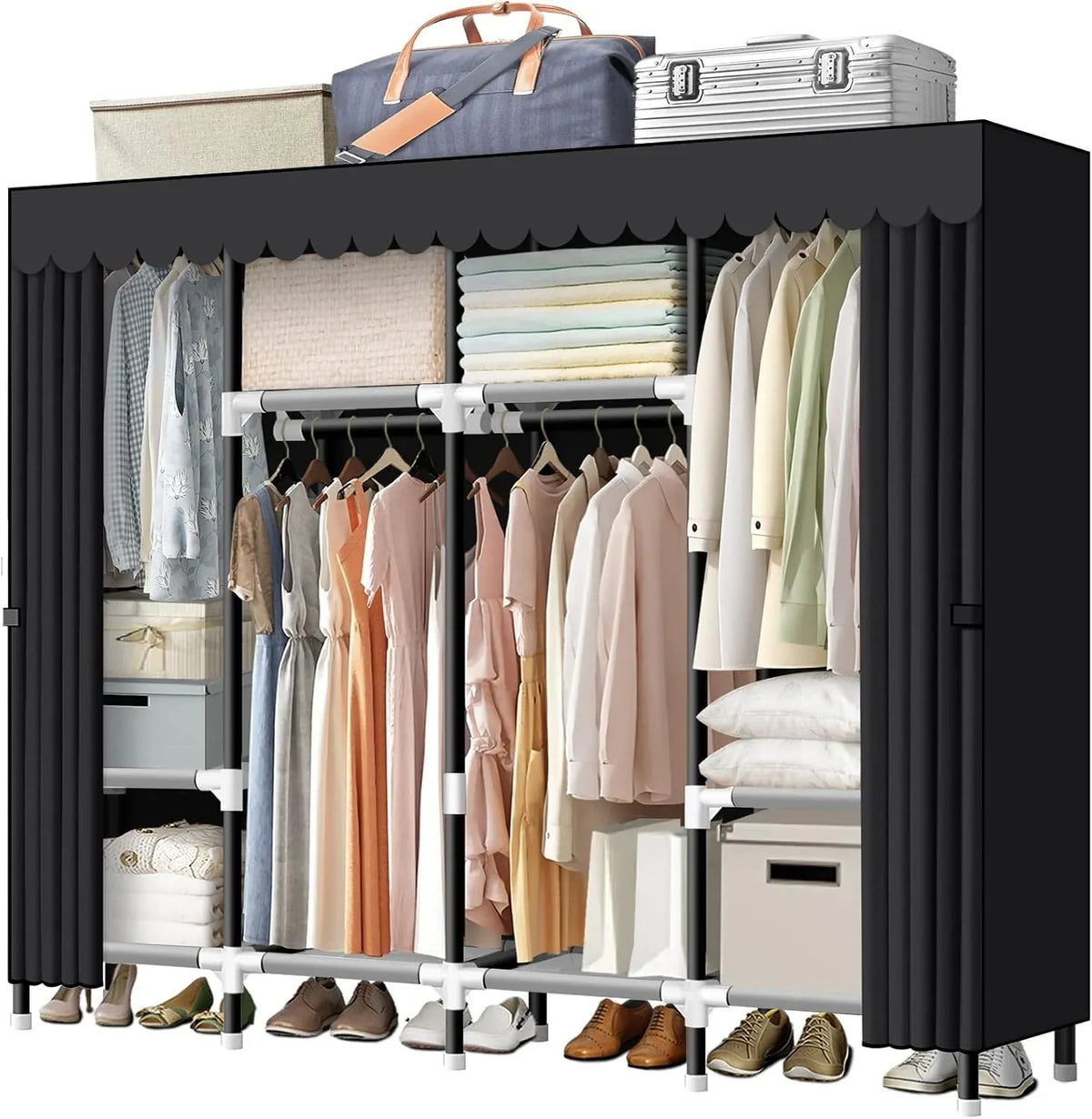 Portable Closet, 67 Inch Wardrobe Closet for Hanging Clothes with 4 Hanging Rods, 25mm Steel Tube Clothes Storage Organizer for Extra Sturdy, Quick and Easy to Assembly, Gray Cover